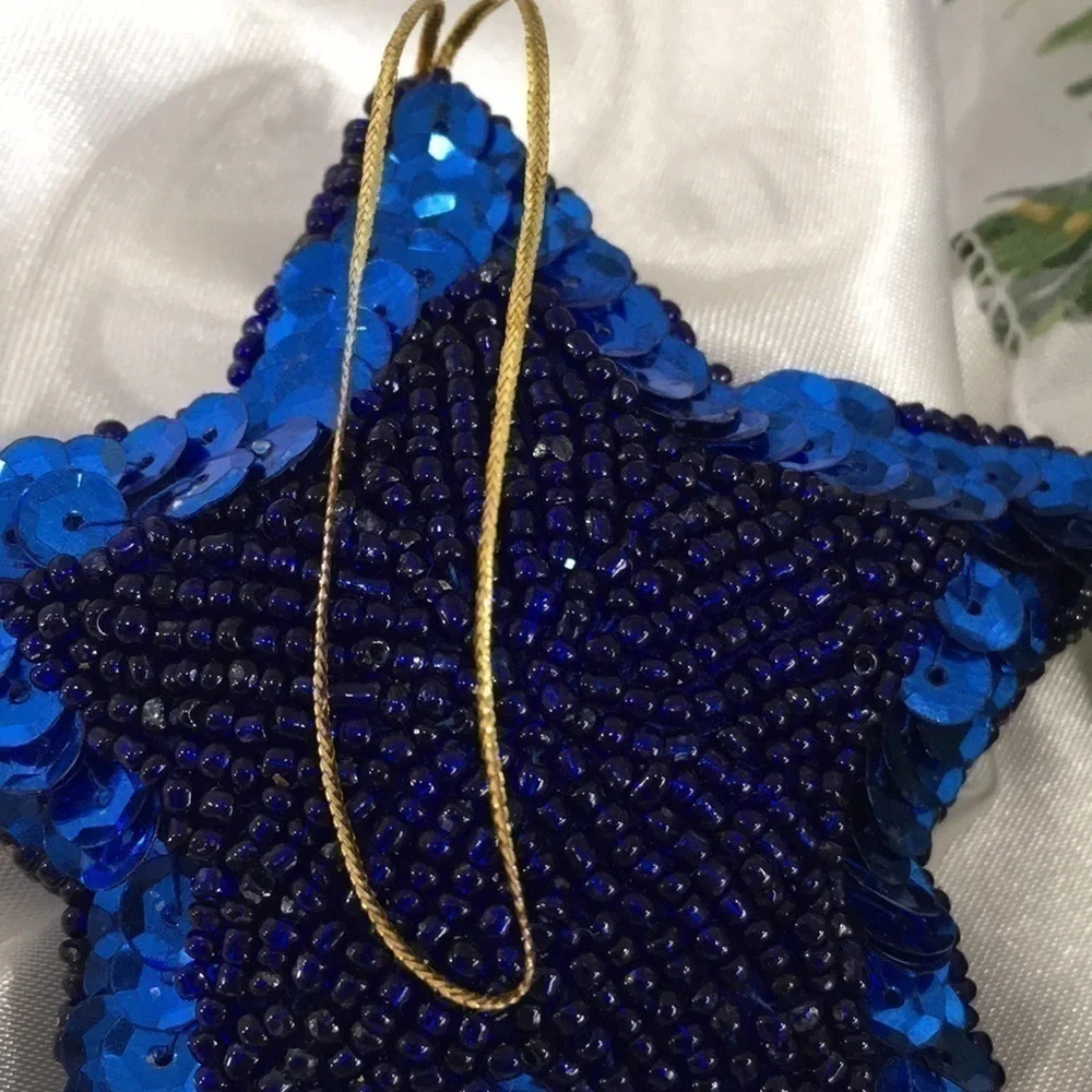 Vintage 80s Handmade Sequin Beaded Star Christmas Ornament Blue Puffy Felt
